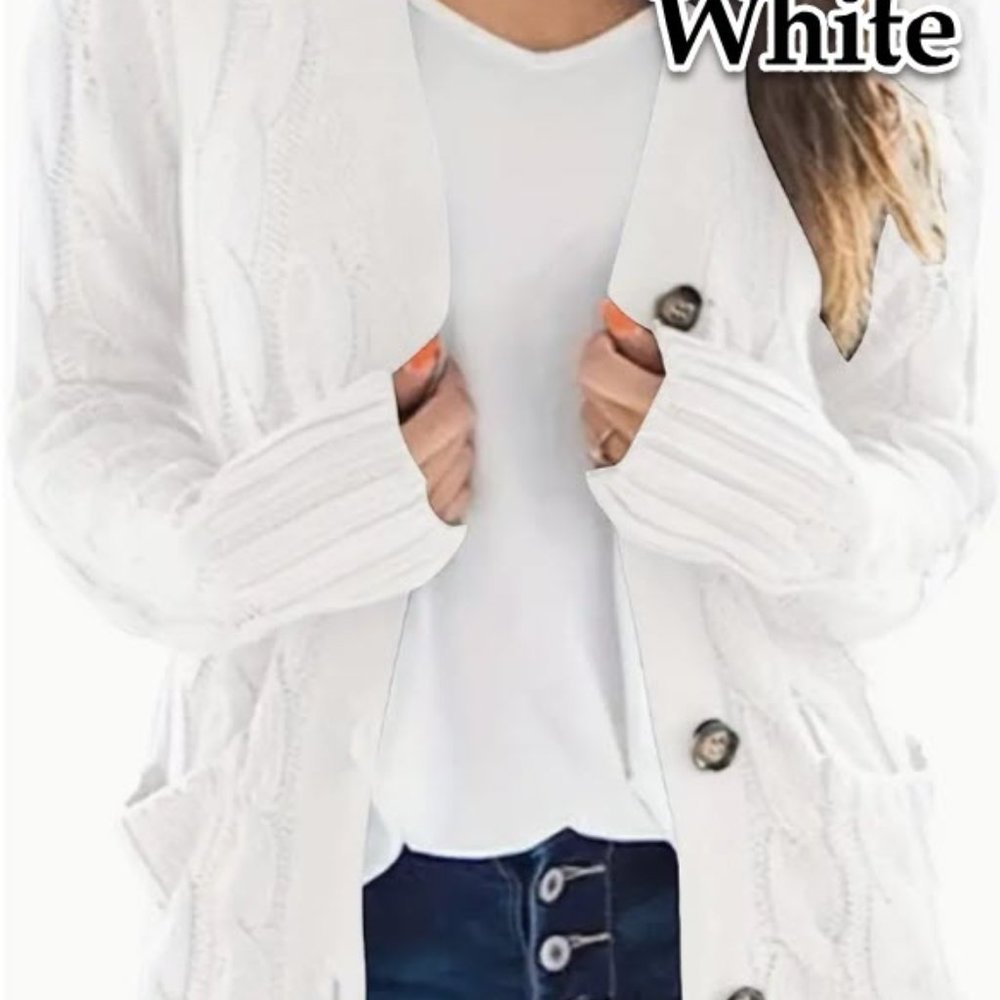 White Long Cable Knit Cardigan with Pockets